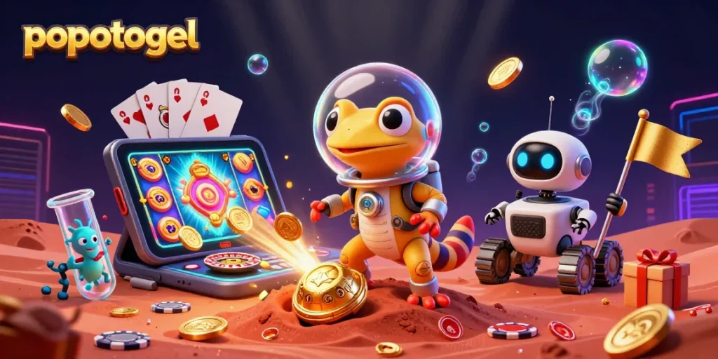 Experience the thrill of popotogel as a Martian gecko uncovers a golden casino among vibrant slots and winning rewards.