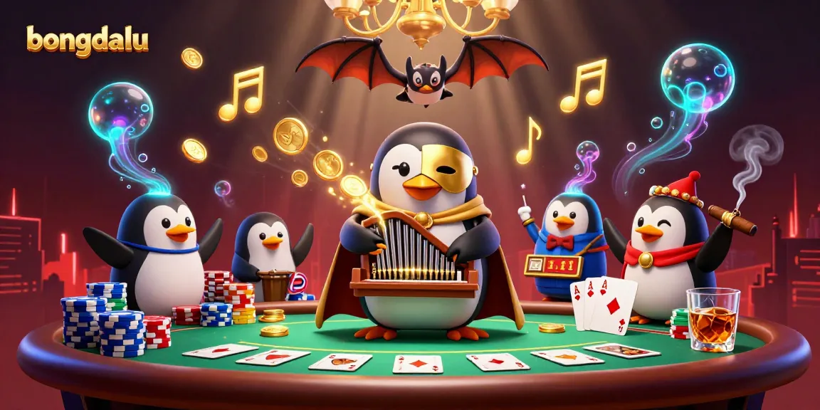 Bongdalu's penguin character plays a captivating organ amid sparkling poker elements, illustrating dynamic gaming atmosphere.
