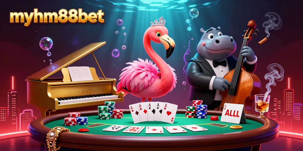 Experience the vibrant world of myhm88bet with a colorful 3D casino scene featuring a flamingo singer and hippo bassist.