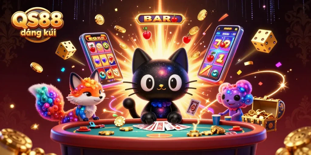 Join the cosmic adventure at QS88 đăng ký with a thrilling casino scene featuring a black hole cat and vibrant games.