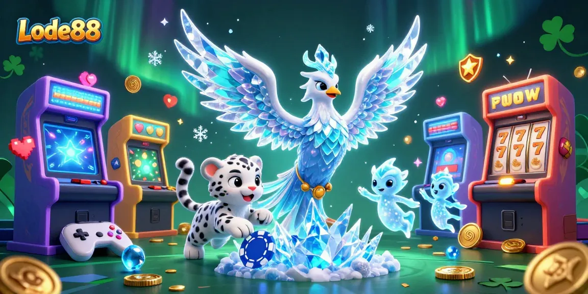 Lode88 offers a vibrant scene with a 3D ice phoenix and slot elements bringing casino excitement to life.