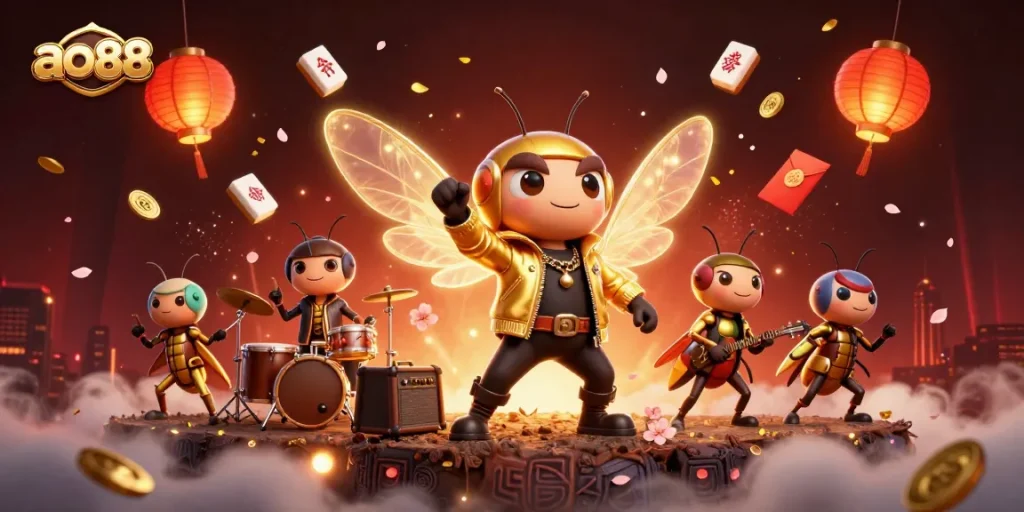 Experience ao88 with thrilling game elements featuring a cartoon rock star and festive motifs.