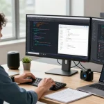 Build internal tools with AI in a modern workspace, showcasing a developer coding with dual monitors and AI tools.