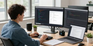 Build internal tools with AI in a modern workspace, showcasing a developer coding with dual monitors and AI tools.