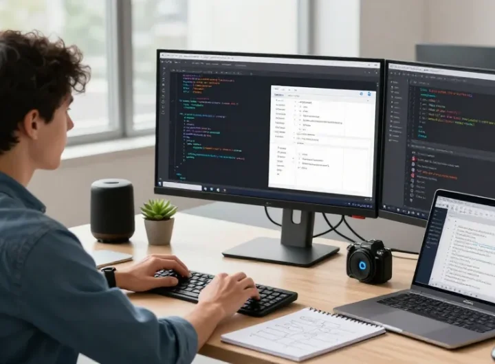 Build internal tools with AI in a modern workspace, showcasing a developer coding with dual monitors and AI tools.