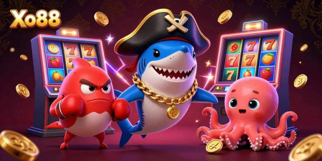Xo88 slots scene with a pirate shark, pufferfish, and octopus amidst colorful casino elements.