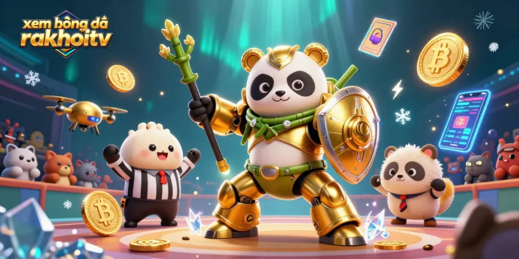 Experience xem bóng đá rakhoitv in a vibrant arena with animated characters, showcasing sports betting excitement.