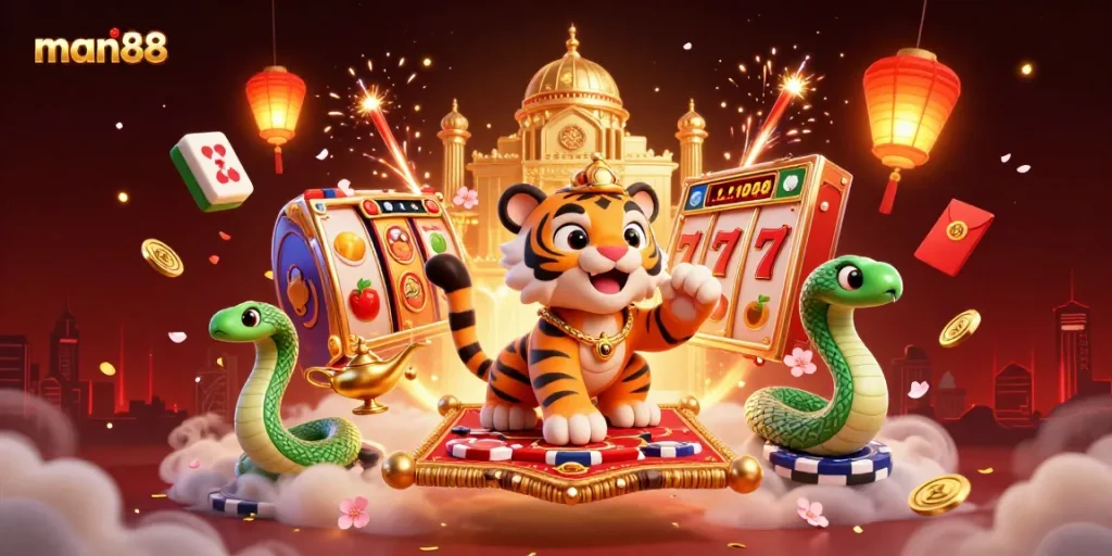 Play man88 slots with lively 3D elements and enchanting visuals in this rich, vibrant scene.