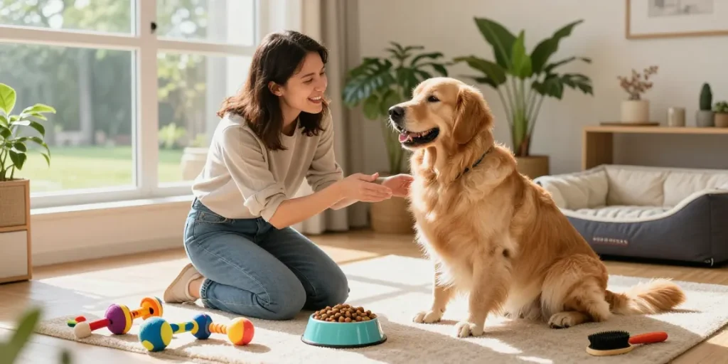 Engaging golden retriever and owner enjoying pet care tips at home with rokok88 slot login.