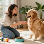 Engaging golden retriever and owner enjoying pet care tips at home with rokok88 slot login.