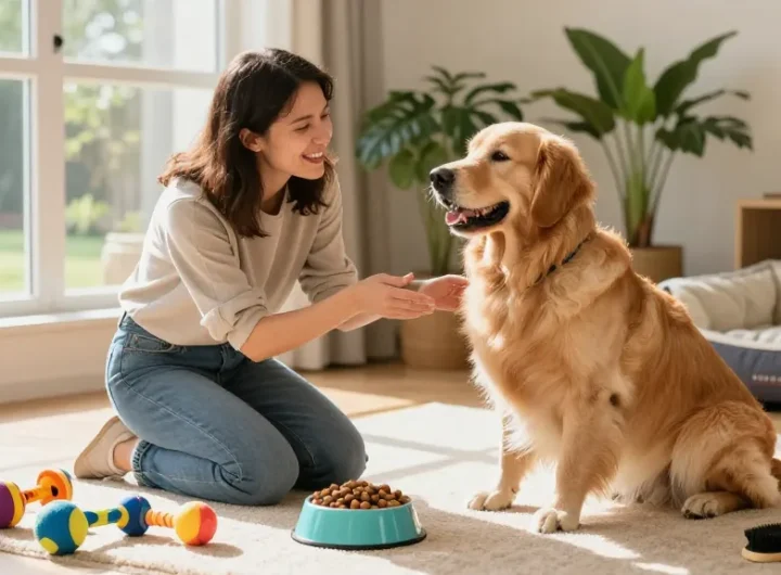 Engaging golden retriever and owner enjoying pet care tips at home with rokok88 slot login.
