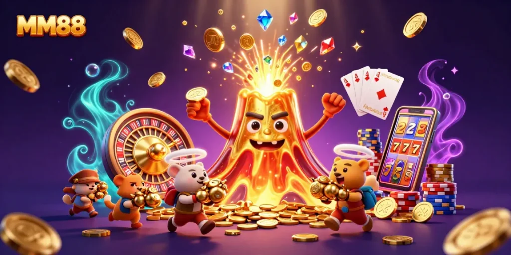 Experience the thrill of MM88 with coins, gems, and games in this vibrant casino scene.