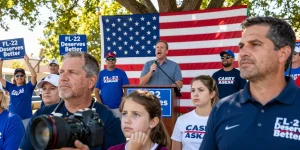 Casey Askar speaking at a political rally, supporters holding signs for FL-22.