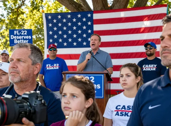 Casey Askar speaking at a political rally, supporters holding signs for FL-22.