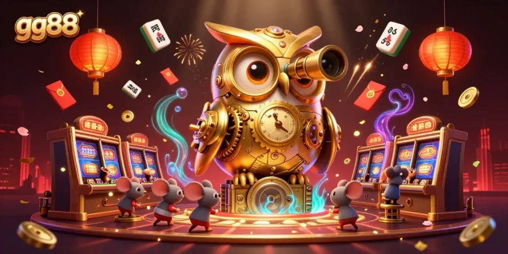 Engage in thrilling gameplay at gg88 featuring an owl guardian in a vibrant dynamic casino scene.