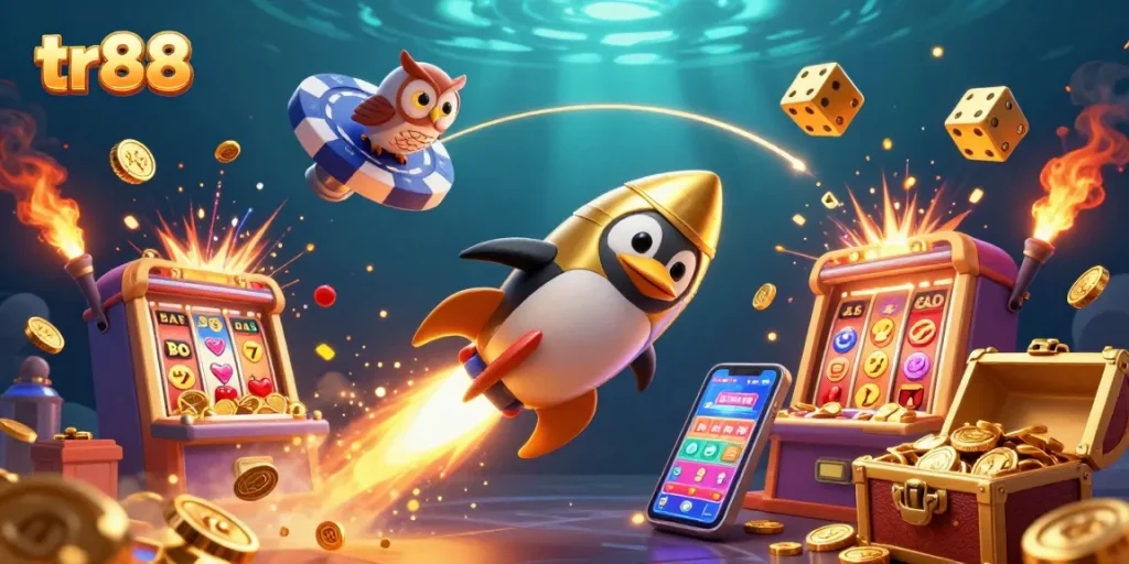 Experience excitement with the tr88 online casino, featuring a golden penguin and jackpot slots bursting with coins.
