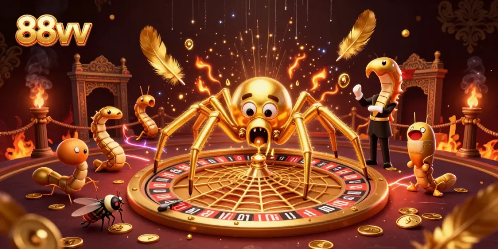 Bet on 88vv with a golden spider and roulette scene depicting lively gambling action.