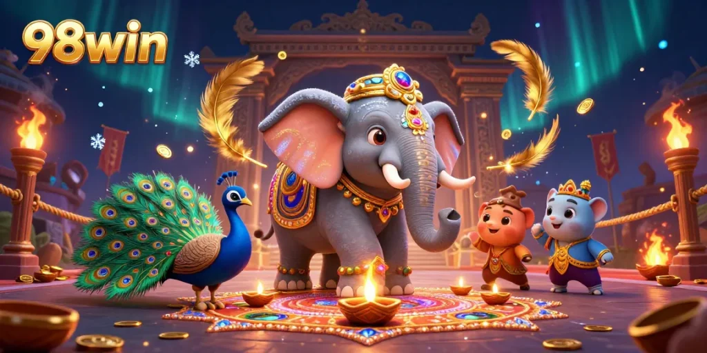 Engage in thrilling gameplay with 98win at the colorful Diwali-themed casino scene.