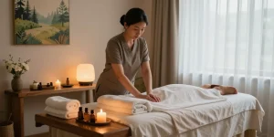 Relaxing atmosphere showcasing 남양주출장마사지 with soothing oils, candles, and a serene massage setup.