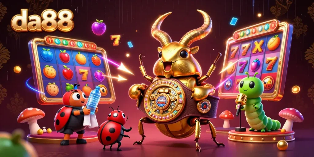 Experience the thrilling atmosphere of gambling with da88, featuring a golden stag beetle champion amidst vibrant slot reels.