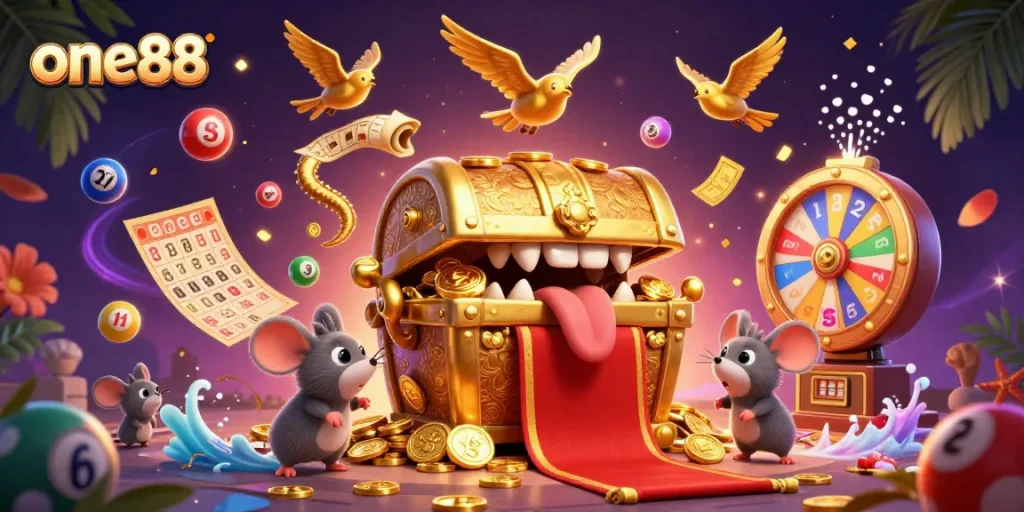 one88 brings exciting lottery dynamics featuring a golden chest luring adventurer mice with riches.