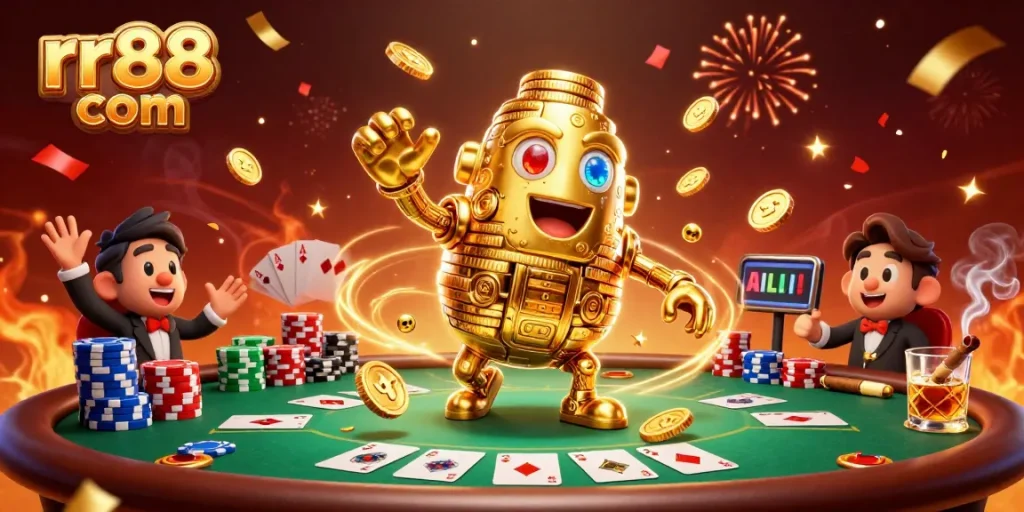 Experience thrilling gameplay at rr88 com, featuring a golden golem amidst a vibrant poker scene.