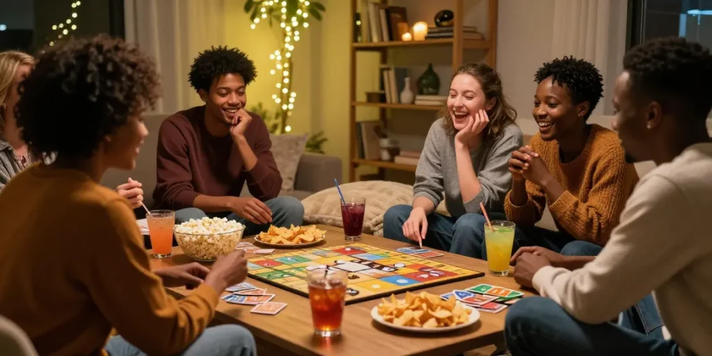 Friends enjoying a game night on snapwins telegram in a cozy atmosphere