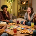 Friends enjoying a game night on snapwins telegram in a cozy atmosphere