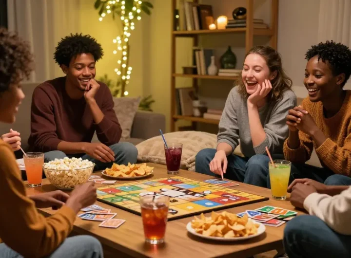 Friends enjoying a game night on snapwins telegram in a cozy atmosphere