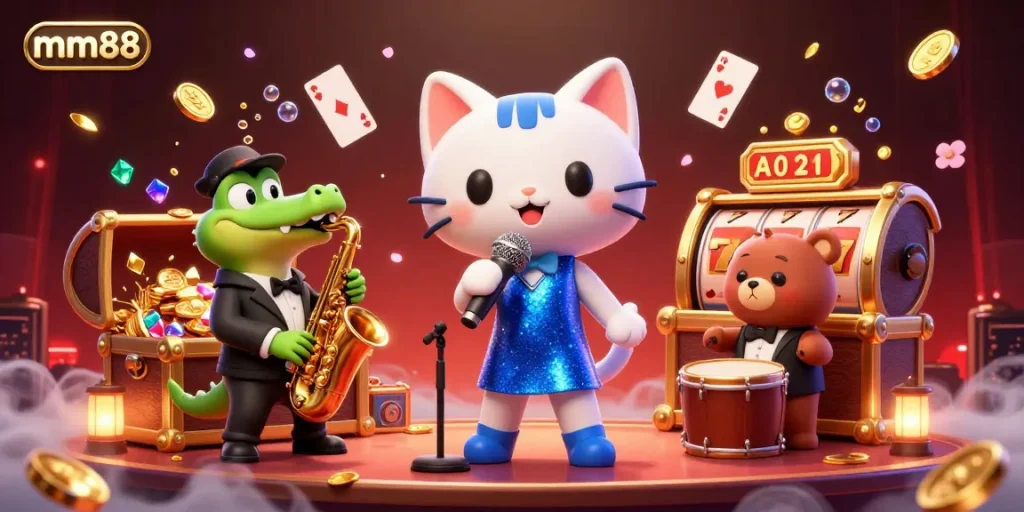 Experience excitement at mm88 with lively characters at a casino stage, surrounded by rich gaming elements.