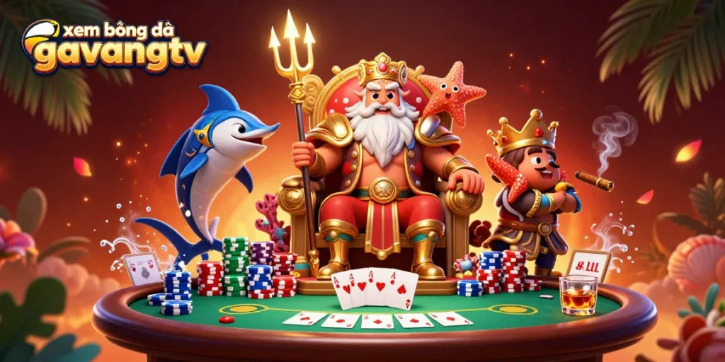 xem bóng đá gavangtv showcases Neptune with poker elements in an immersive casino scene, illustrating excitement.