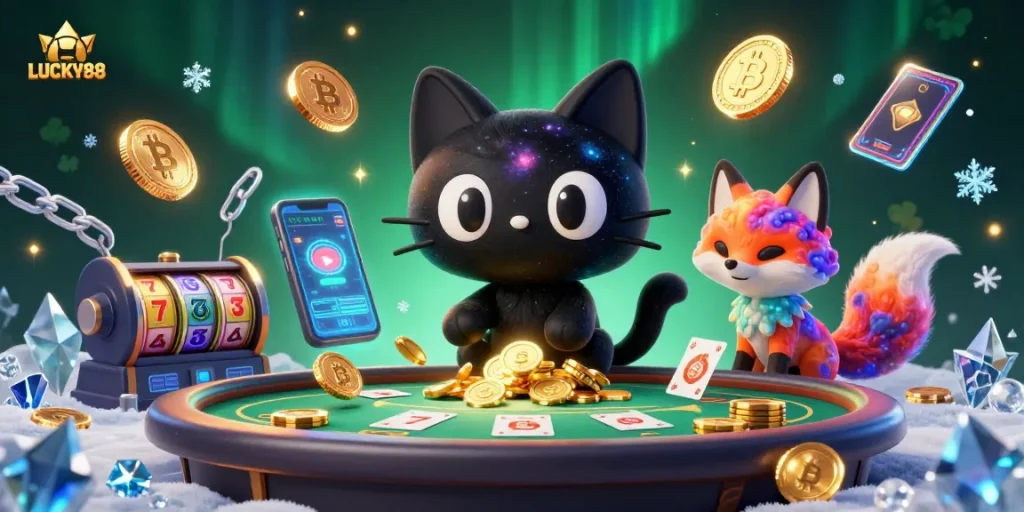 Experience LUCKY88's vibrant 3D cosmic casino scene with engaging characters and dynamic gaming elements.