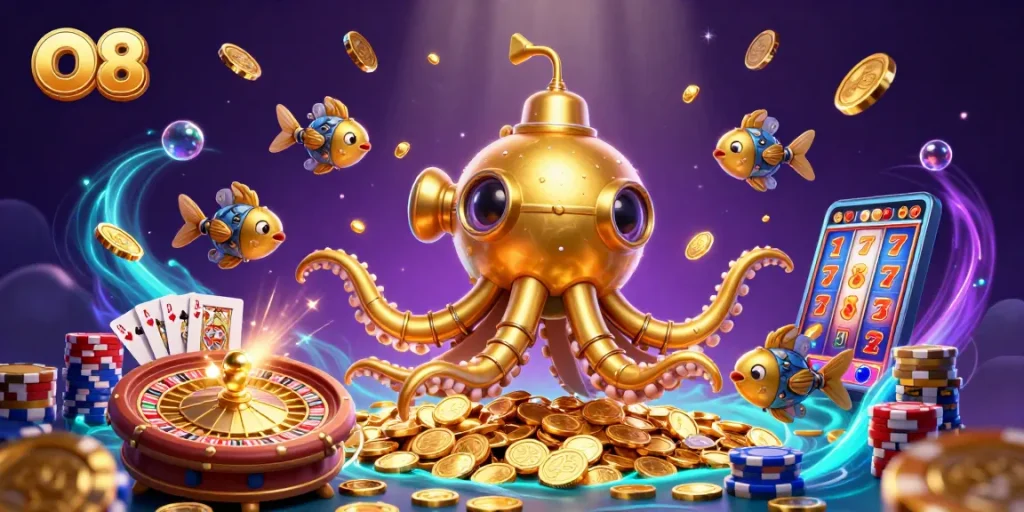 Experience the thrill of O8's games with dynamic elements and golden rewards in a vibrant 3D scene.