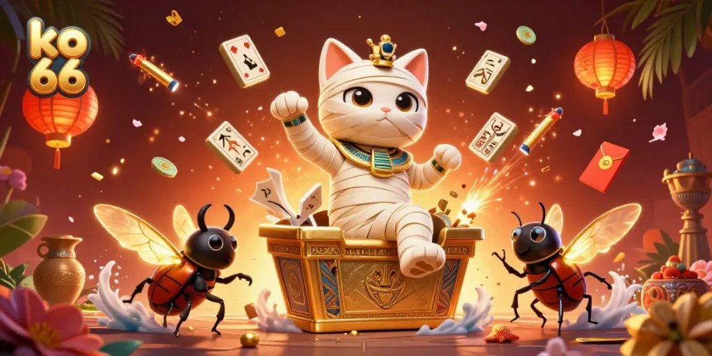 Engage with ko 66's vibrant casino atmosphere featuring a mummy cat and golden elements.