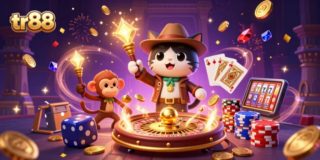 Engage in thrilling play at tr88, experiencing dynamic casino action with golden artifacts and vibrant game elements.