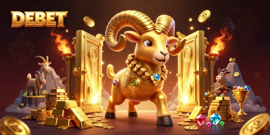 Experience the excitement of DEBET with a golden ram charging towards a treasure-filled vault.