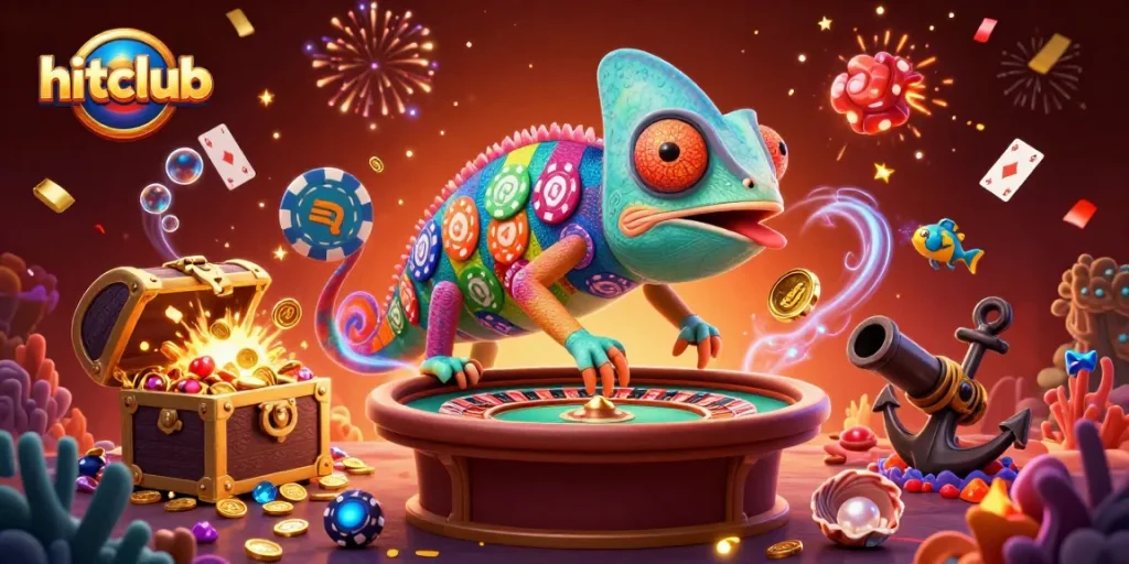 Experience the excitement at hitclub with a lively 3D chameleon casino owner catching golden coins.