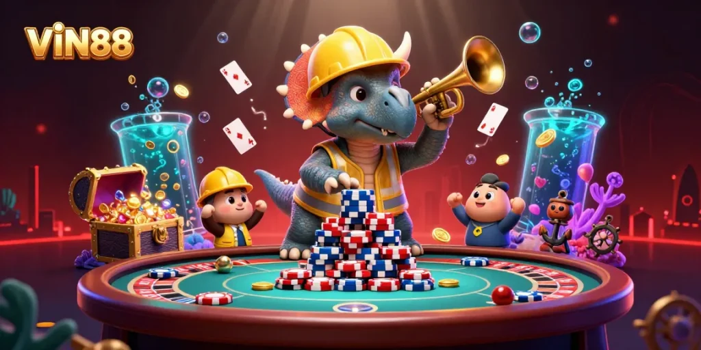 Experience the excitement of VIN88 with a triceratops building poker chip towers in a lively casino scene.
