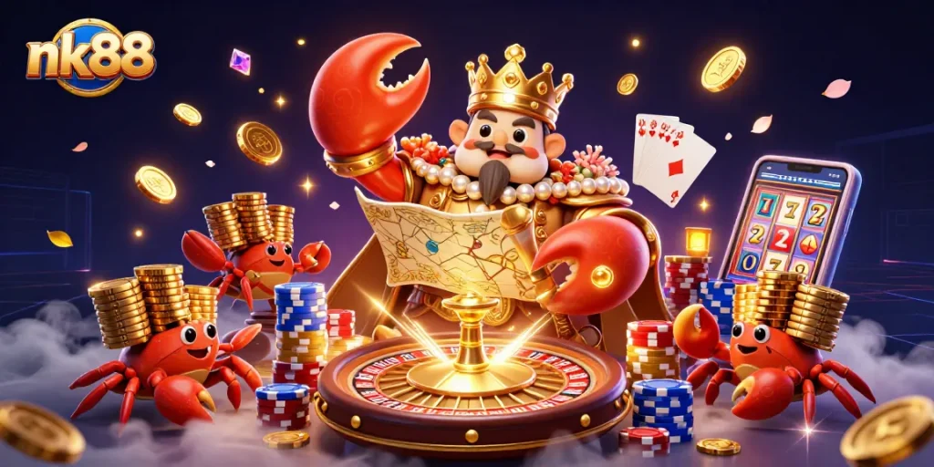nk88 showcases a golden crab emperor surrounded by vibrant casino elements, spinning roulette, and flying coins.