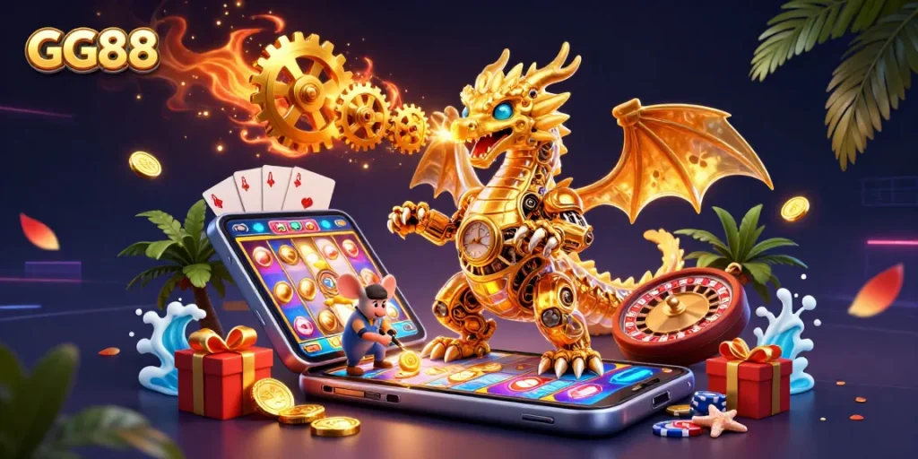 Experience dynamic gameplay with GG88 in this vividly illustrated casino scene filled with action and excitement