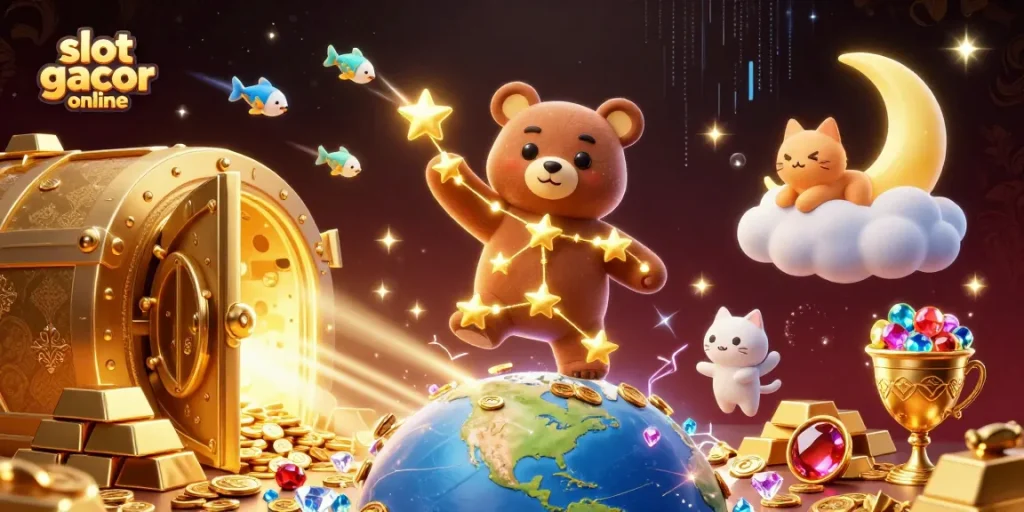 Capture the thrill of playing slot gacor online with a constellation bear scooping coins as gem-filled vaults burst open.
