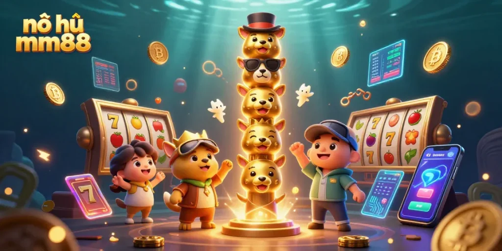 Experience the excitement of nổ hũ mm88 with vibrant slot reels, glowing cryptocurrency coins, and an enchanting totem.