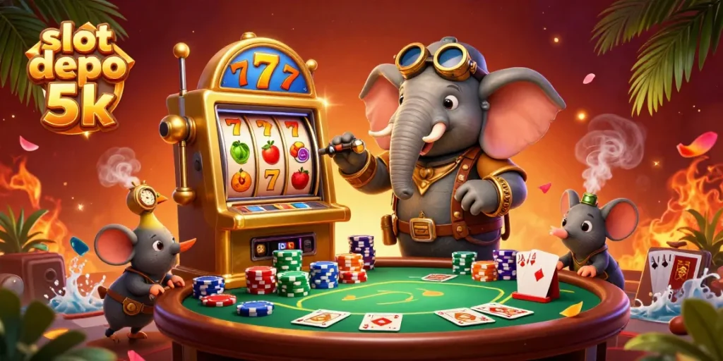 Spin the golden slot machine at slot depo 5k, guided by a steampunk elephant engineer and a colorful casino backdrop.