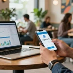 Persona utilizando la app 'pagos etb pse' en una moderna cafetería mientras revisa análisis financieros.