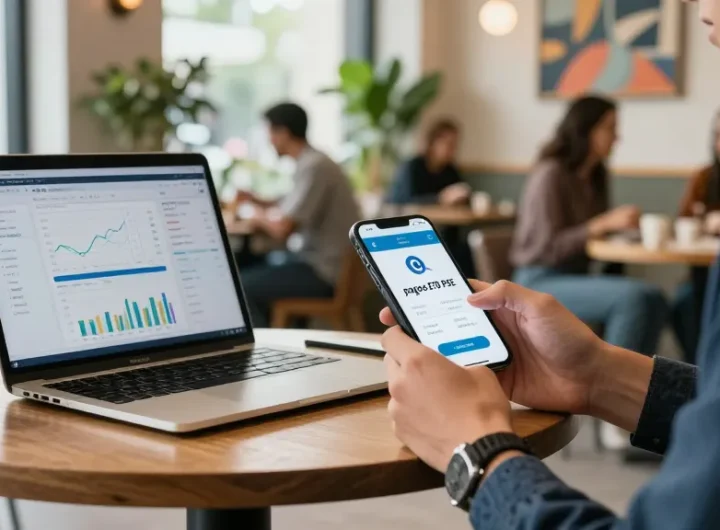 Persona utilizando la app 'pagos etb pse' en una moderna cafetería mientras revisa análisis financieros.